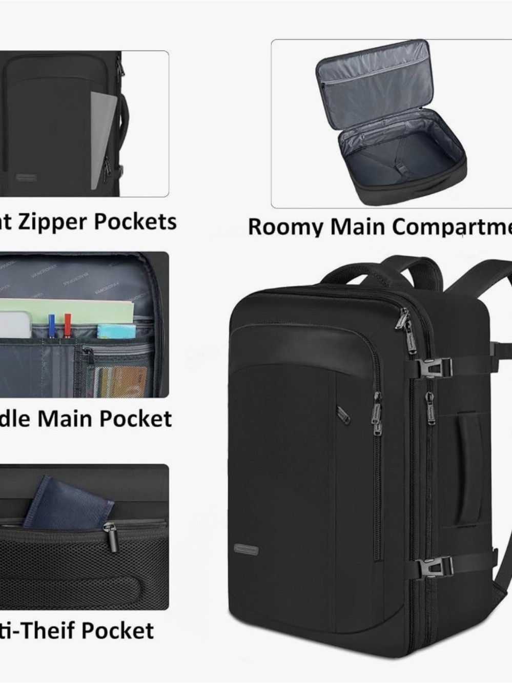 Black 50L Travel Backpack Carry-On with Laptop Compartment - Picture 2 of 8